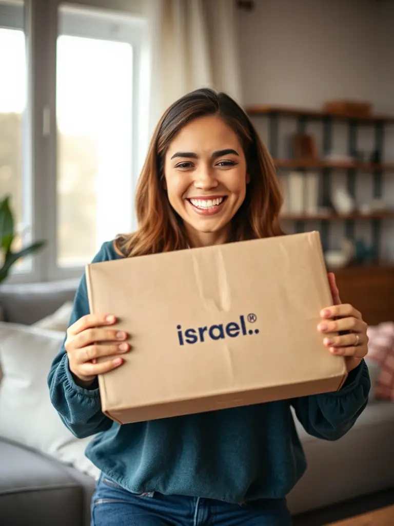 תמונה של לקוח ישראלי מקבל חבילה עם לוגו של העסק שלו, ארוזה באריזה ממותגת.